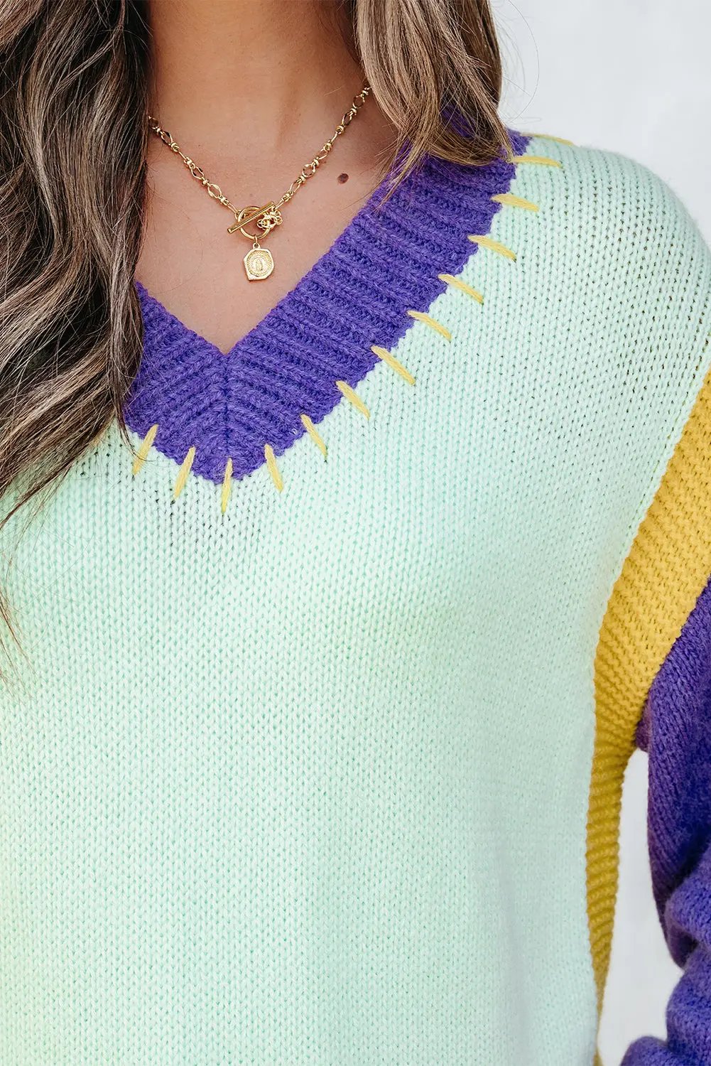 Premium Green Stitched V Neck Color Block Knitted Drop Shoulder Sweater Dear-Lover Dropshipping